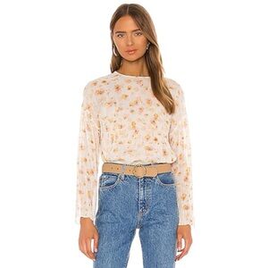 VINCE Pressed Petal Blouse Yellow Floral Pleated Crinkle Semi Sheer Top‎ Shirt L